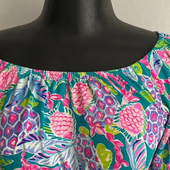 Lilly Pulitzer Lana Off-The-Shoulder Top Maldives Green Turtle Wave Size XLarge - Picture 7 of 15